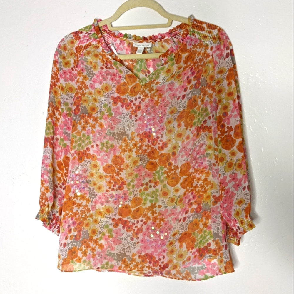 Charter Club Floral Peasant Top with Sequin Pink